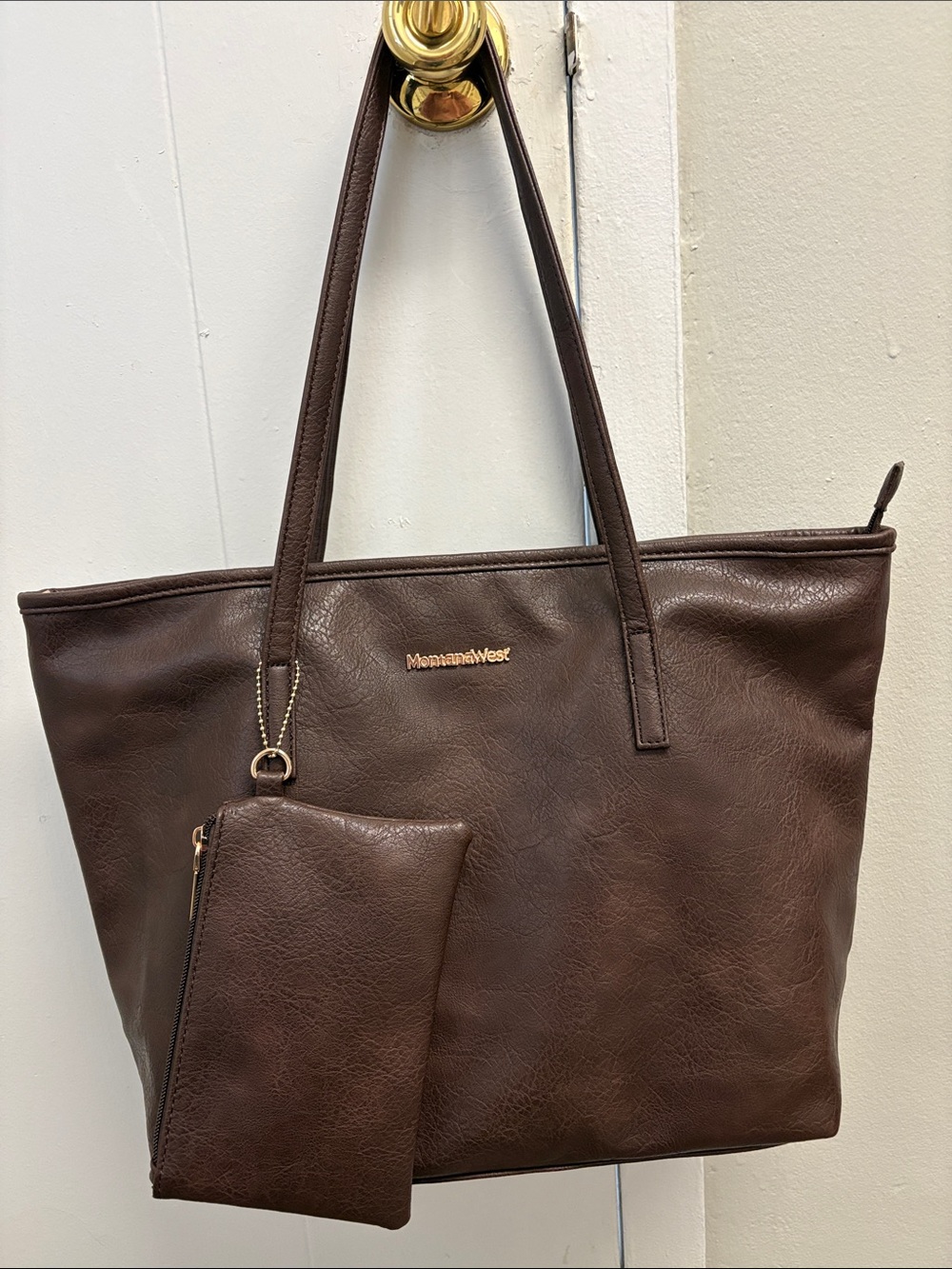 Montana West Brown Vegan Tote Bag Purse & Matching Pouch - Gently Used